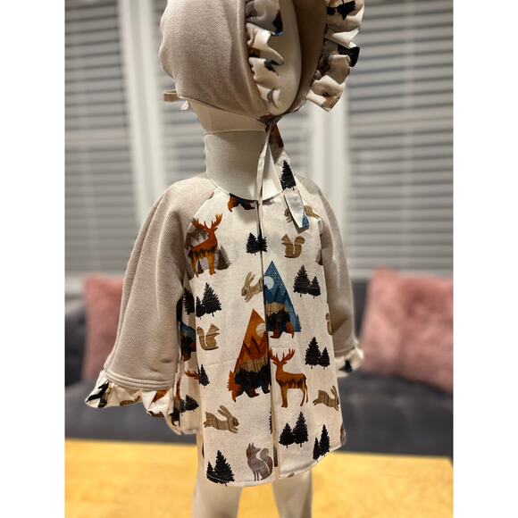 ✨ Upcycled Baby Girls Camping-Themed Dress & Bonnet Set – 6–12M ✨SAME DAY SHIP - Picture 5 of 10